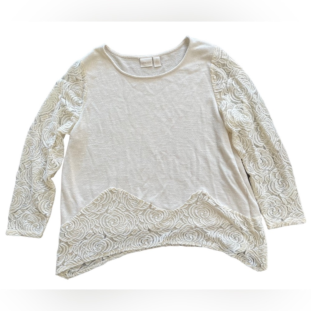Chico’s Size 3‎ Ivory Textured Lace Top Rosette Sleeves Chicos XL
